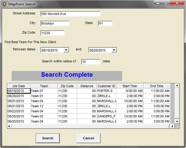 Team location tool shows which employees or teams are within a defined radius of a specified job location. Another mapping capability that helps users schedule jobs.